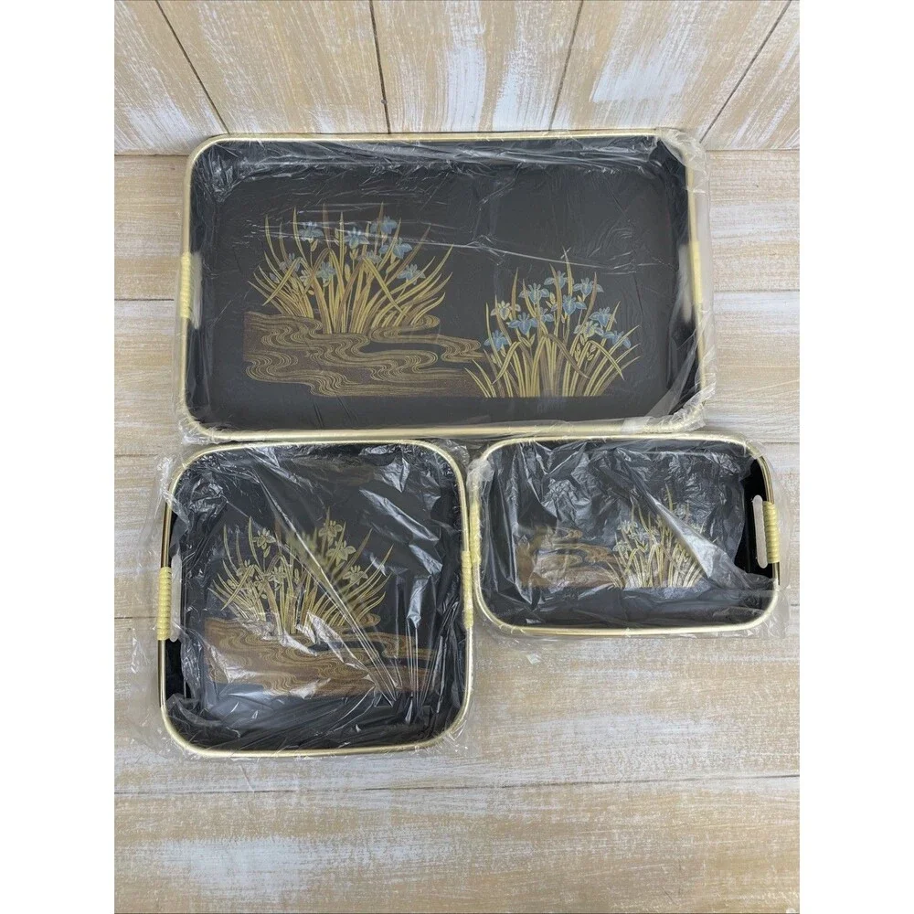 Vintage 3 Pc Nesting Serving Tray Set Lacquerware Iris Black & Gold Toyo Japan